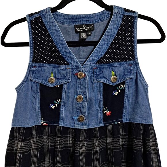 Vintage Carole Little Sport 6 Petite Denim Plaid Maxi Dress Modest Jumper Floral - Picture 4 of 10